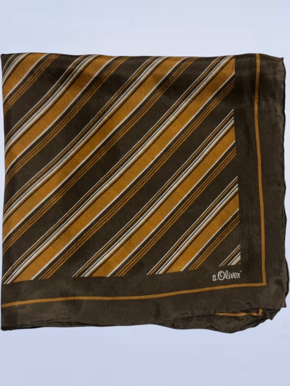 s.Oliver Vintage Silk Pocket Square - Brown, Gold & White Diagonal Striped Scarf